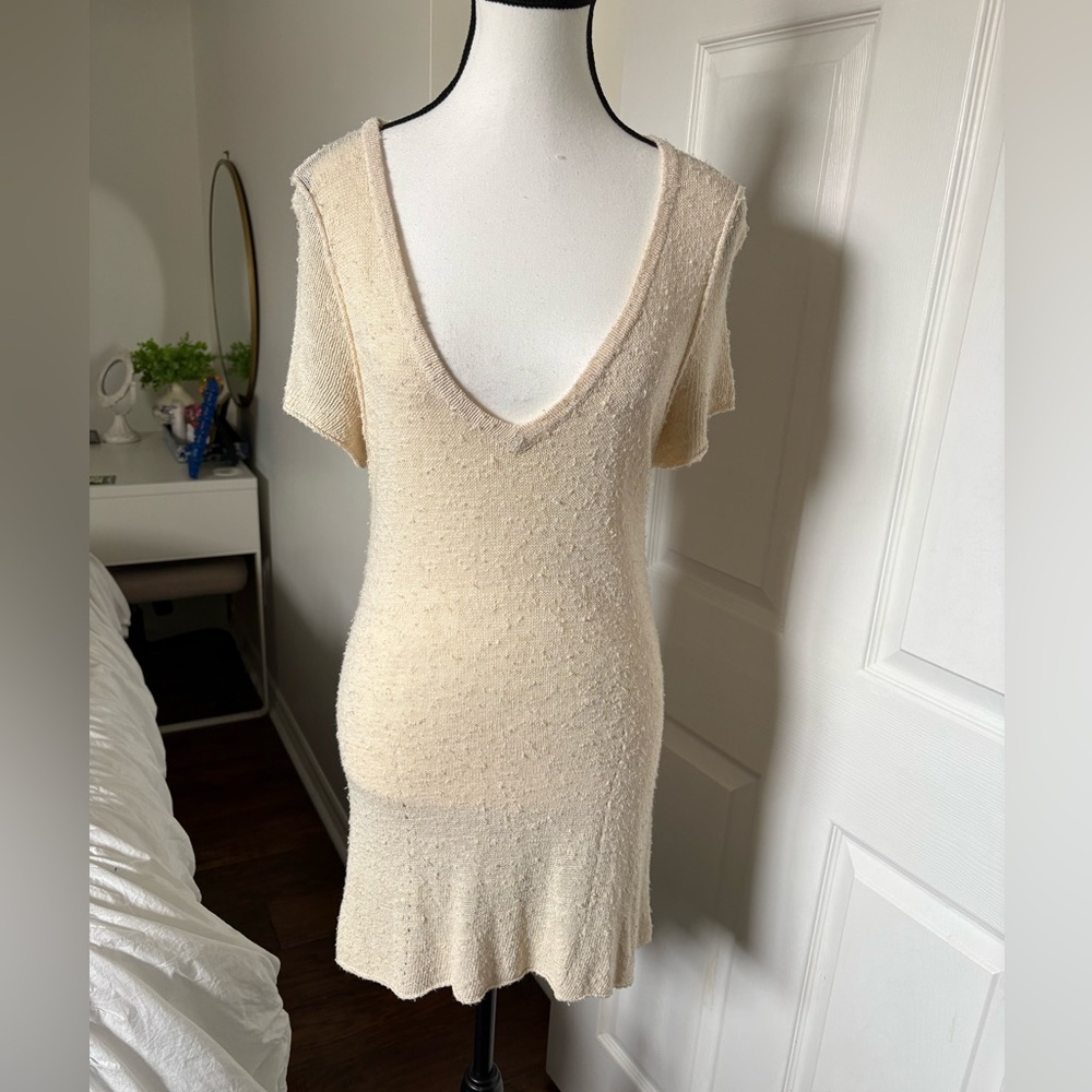 Rag & Bone Silk Knit Mini Dress S Cream Deep V Neck Y2K Tunic